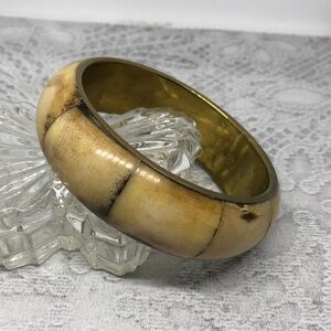 Vintage brass with bone inlay bangle bracelet stackable layering boho statement.